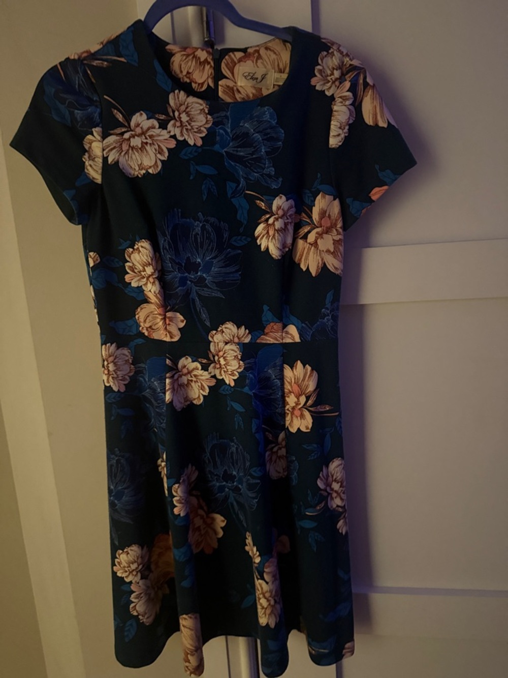 Eliza J Dark Green Floral Fit-and-Flare Mini Dress with Blue and Cream Blooms